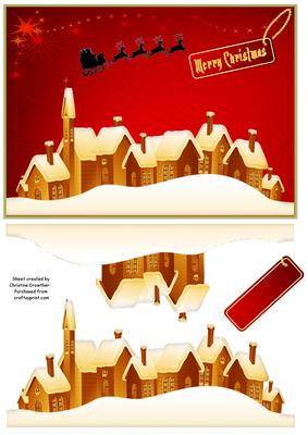 Snowy Village Christmas Eve - Red Stars Background