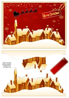 Snowy Village Christmas Eve - Red Snowflake Background
