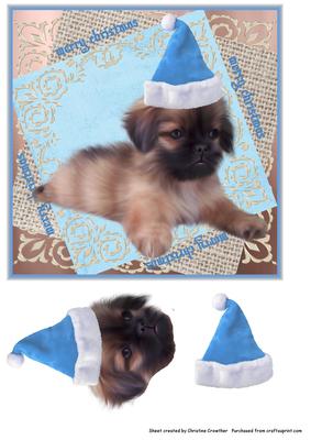 Merry Christmas Pekingese Puppy in Blue Santa Hat
