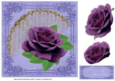Big Bold Deep Purple Rose Decoupage on Gold Fan