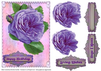 Big Bold Lilac Rose in Pearl Frame Birthday Hugs Kisses