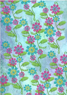 All Over Applique Flowers on Blue Watercolour Background
