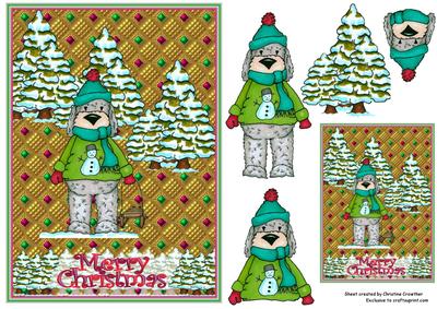 Merry Christmas Snow Dog with Decoupage and Gift Tag