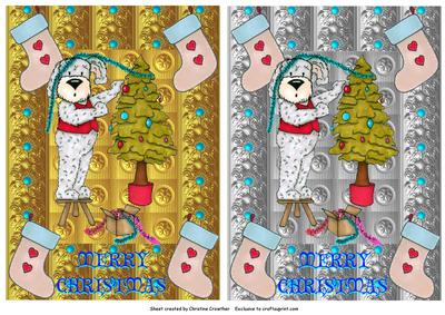 Christmas Dog Decorating the Tree - Gold and Silver
