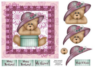 Hatty Birthday Bear on Soft Floral Pink Background