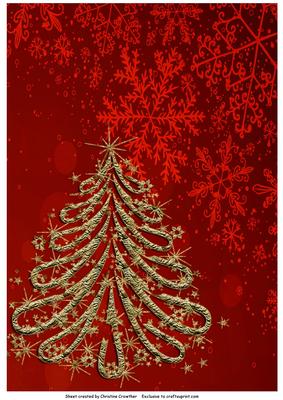 Gold Christmas Tree on Red Snowflakes Background