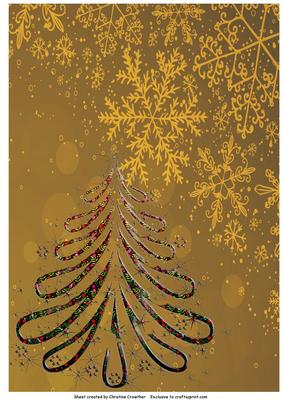 Floral Christmas Tree on Gold Snowflakes Background