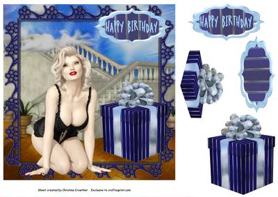 Birthday Pinup with Blue Gift Decoupage