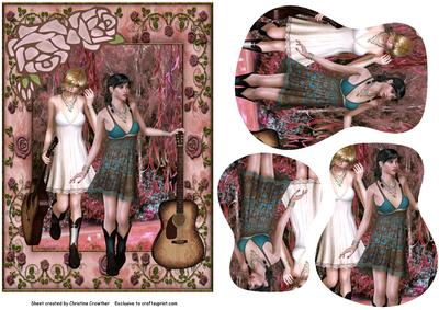 Rose Framed Country Girls - Guitar Shaped Pyramid