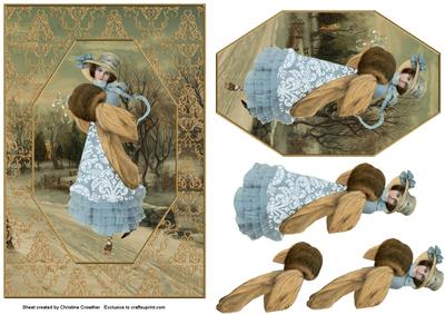Blue Vintage Christmas Girl Panel Decoupage Card