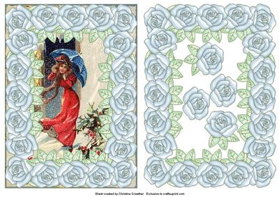 Large Pearly Rose Framed Snow Storm Lady in Red