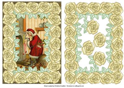Large Pearly Rose Framed Santa at the Fireside