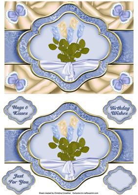 Blue Rosebuds -birthday Hugs Kisses - Ribbon Sash Quick Card
