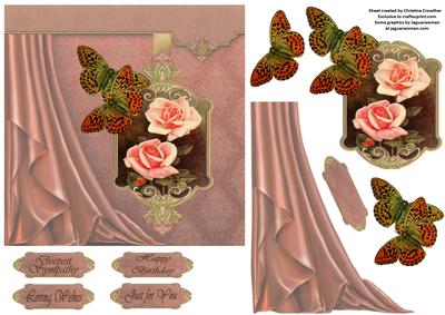 Rose & Butterflies - Side Satin Draped Decoupage Card