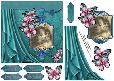 Vintage Kitty & Butterflies-side Satin Draped Decoupage Card