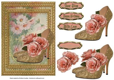 Shoe Diva - Gold Lace Stilettos with Cosmos and Roses