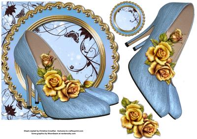 Ice Blue Shoes and Golden Roses Shaped Card with Decoupage