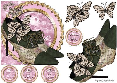 Fancy Shoes and Butterflies Shaped Card with Decoupage