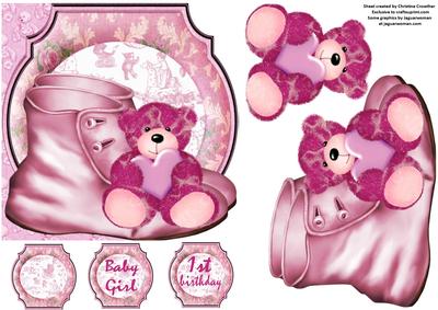 Baby Girl and 1st Birthday Shaped Card with Decoupage