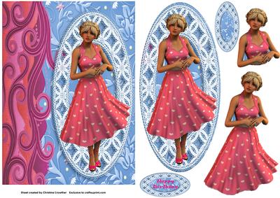 Ladies on Lace Panels - Pink Dress with Hearts