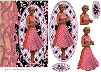 Ladies on Lace Panels - Pink Gingham Dress