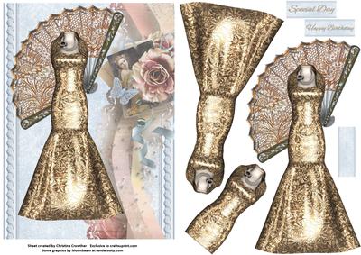Golden Silk Gown & Fan on Shabby Chic Background