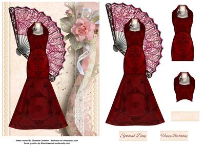 Crimson Elegant Gown & Fan on Shabby Chic Background