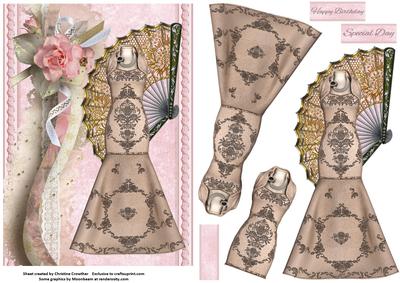 Champagne Elegant Gown & Fan on Shabby Chic Background
