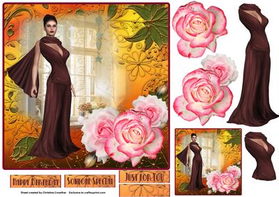 Elegant Lady at Cream Window with Roses