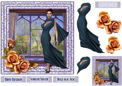 Elegant Lady at Lavender Window with Roses