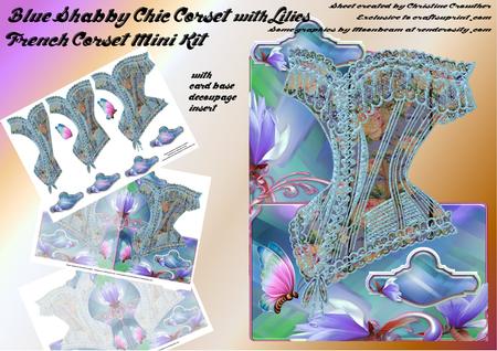French Corset Minikit - Blue Shabby Chic Corset with Lilies