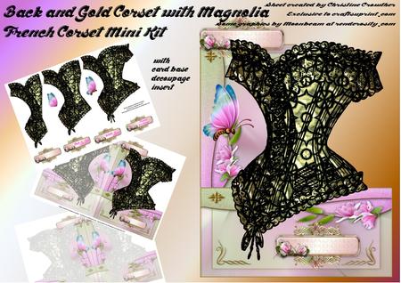 French Corset Minikit - Black & Gold Corset with Magnolia