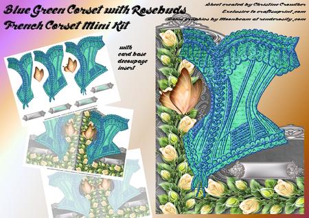 French Corset Minikit - Blue Green Corset with Rosebuds