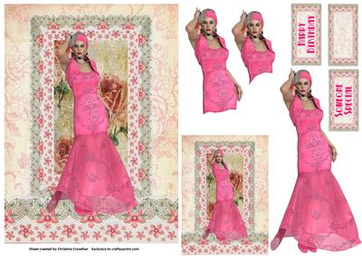 1920s Pink Flapper on Vintage Lace - Decoupage Card