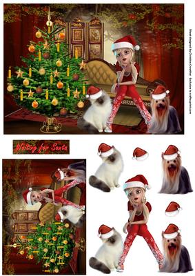 Girl Cat Dog Waiting for Santa