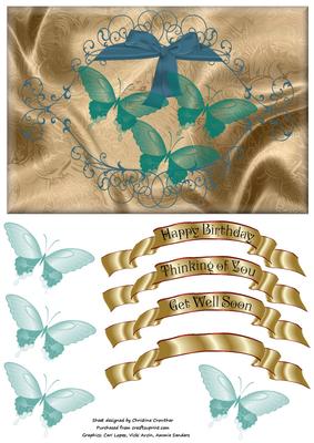 Teal Framed Butterflies on Gold Satin