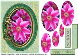 Hot Pink Clematis in Glass&gold Flourish Frame Oval Pyramid