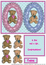 Twins Boy Girl Teddies in Oval Frames