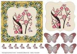 Embroidered Linen Flowers in Ceramic Frame with Butterflies