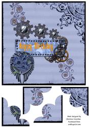 Blue Steampunk Happy Birthday with Shell Corners