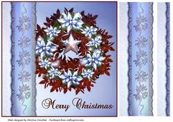 Merry Christmas Poinsettia Garland on Blue with Bell Ribbon