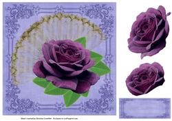 Big Bold Deep Purple Rose Decoupage on Gold Fan