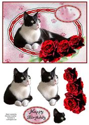 Black and White Cat with Red Roses Happy Birthday