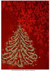 Gold Christmas Tree on Red Snowflakes Background