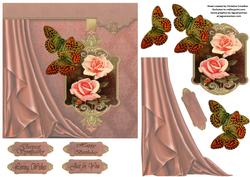 Rose & Butterflies - Side Satin Draped Decoupage Card