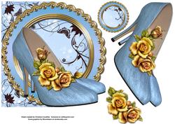 Ice Blue Shoes and Golden Roses Shaped Card with Decoupage