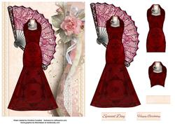 Crimson Elegant Gown & Fan on Shabby Chic Background