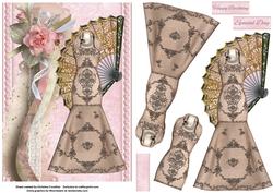 Champagne Elegant Gown & Fan on Shabby Chic Background