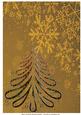 Floral Christmas Tree on Gold Snowflakes Background