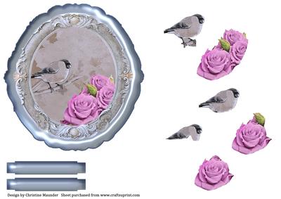 Framed Roses and Bird - Blue Tones